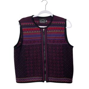 Kootenay Wool Knit Zip Vest | Made in Canada | Colorful Fair Isle Size L | Boho